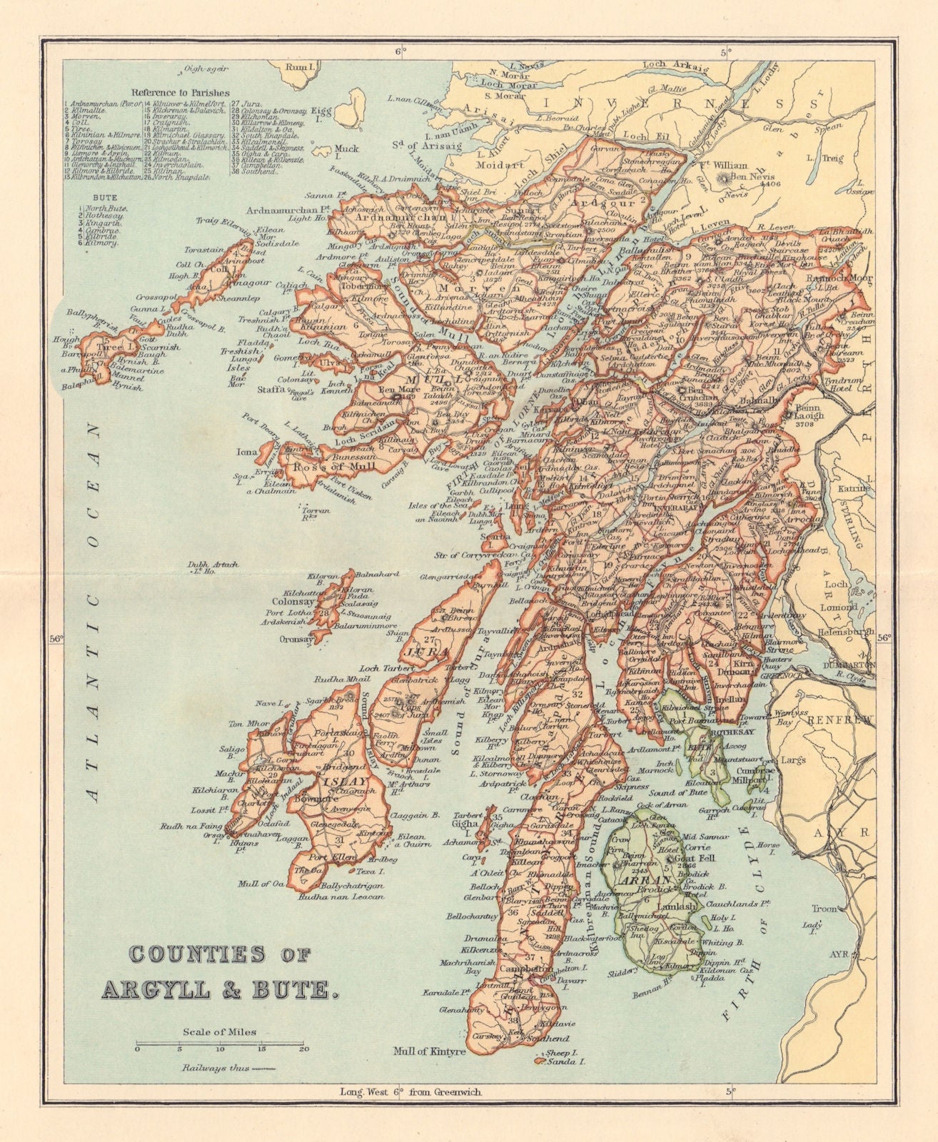 ARGYLL & BUTESHIRE antique county map. Parishes. Scotland. LIZARS 1895 old